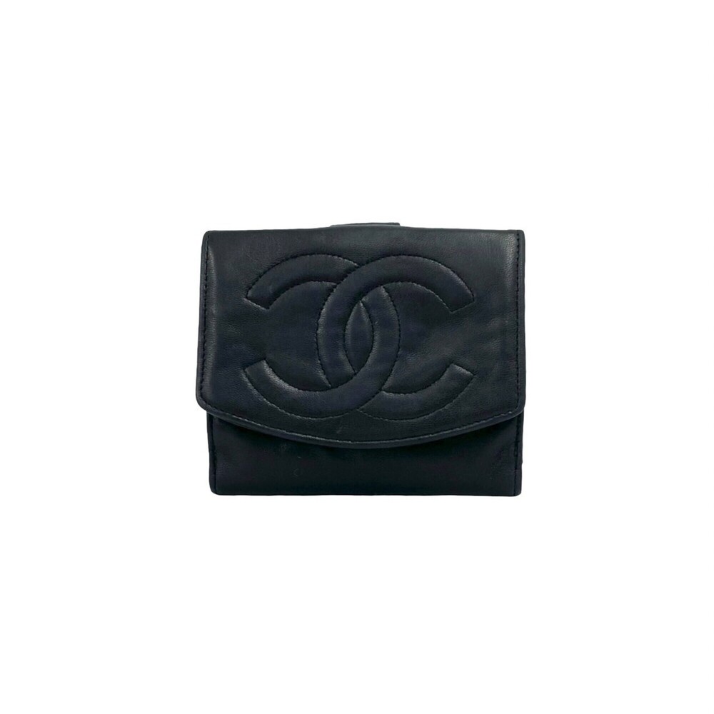 CHANEL Authentic Vintage Black Lambskin Leather Logo Wallet
